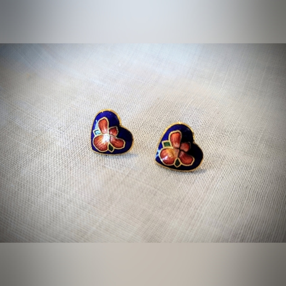 True Vintage Circa 1980, Cloisonne Iris Post  Earrings, Perfect Condition!